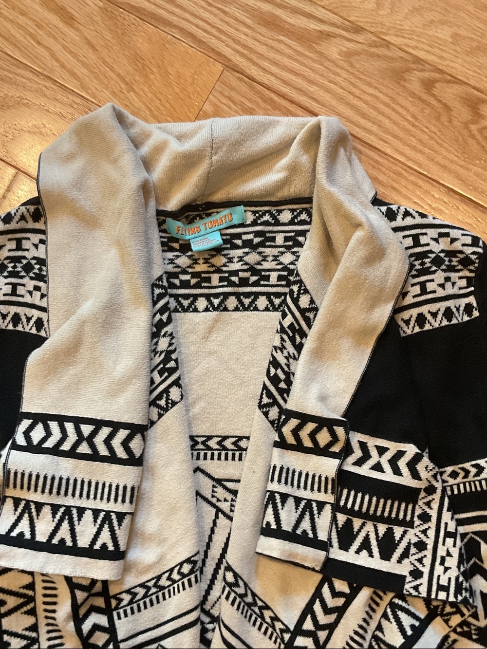 Flying Tomato Black Cream Aztec Women's Sweater Cardigan large distressed elbows - Picture 7 of 13